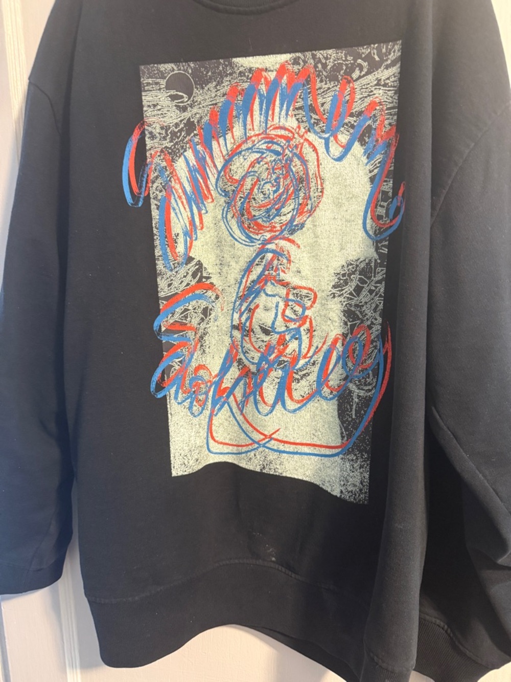 Acne Black Crewneck Sweater with Red & Blue Graphic